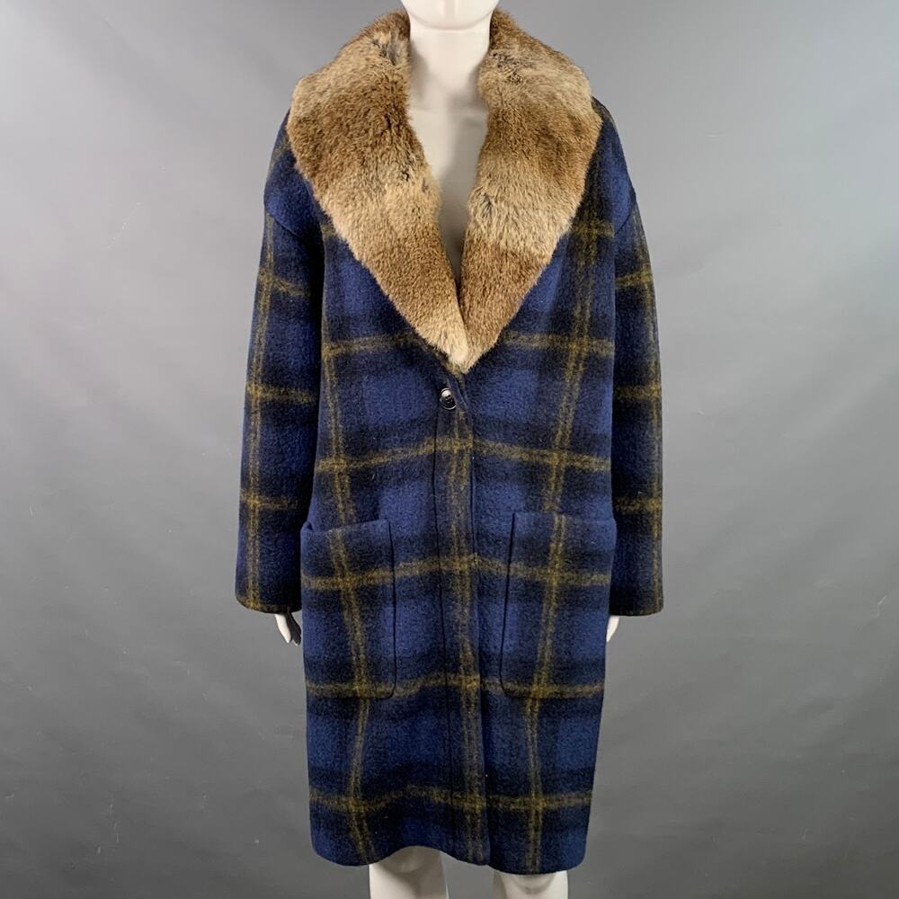 BAND OF OUTSIDERS Size S Blue Tan Wool Blend Plaid Rabbit Fur Collar Coat